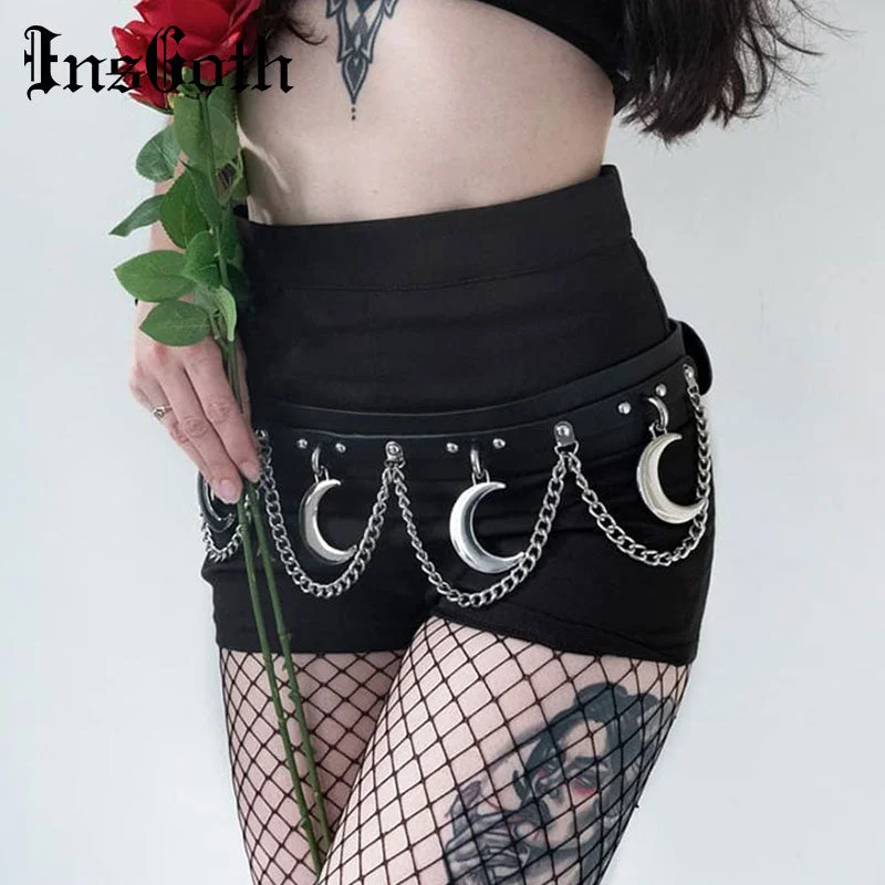 InsGoth Punk Hip Hop Metal Belt PU Leather Belt Gothic Streetwear Chain Moon Goth Belt Dance Streetwear Individual Women Belt