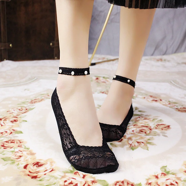 (10 PAIRS) Vanccy Ladies Summer Fashion Pearl Anklet Hollow Lace Invisible Boat Socks QueenFunky