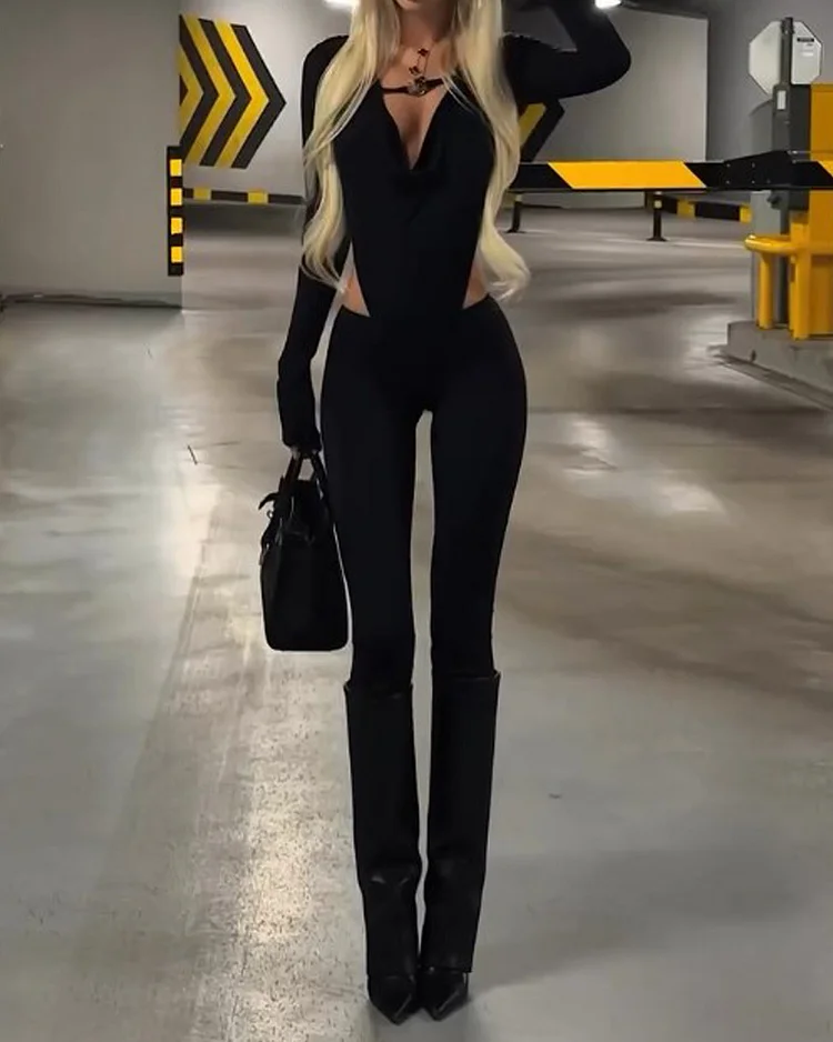 Sleeveless Hollow Solid Color Jumpsuit