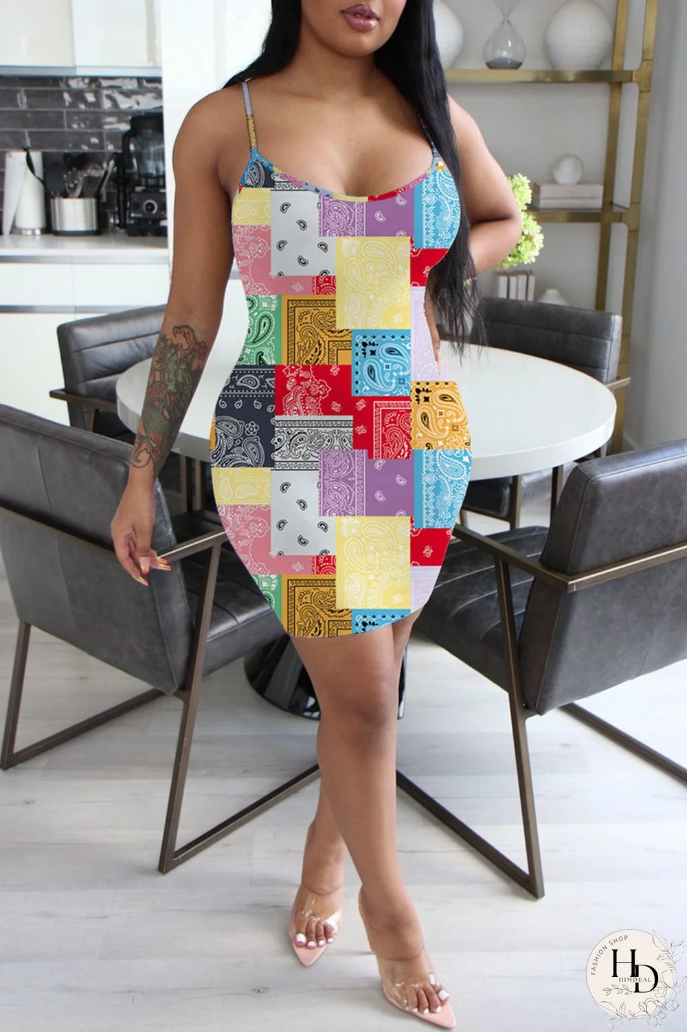 Yellow Fashion Casual Print Backless Spaghetti Strap Sleeveless Dress Dresses