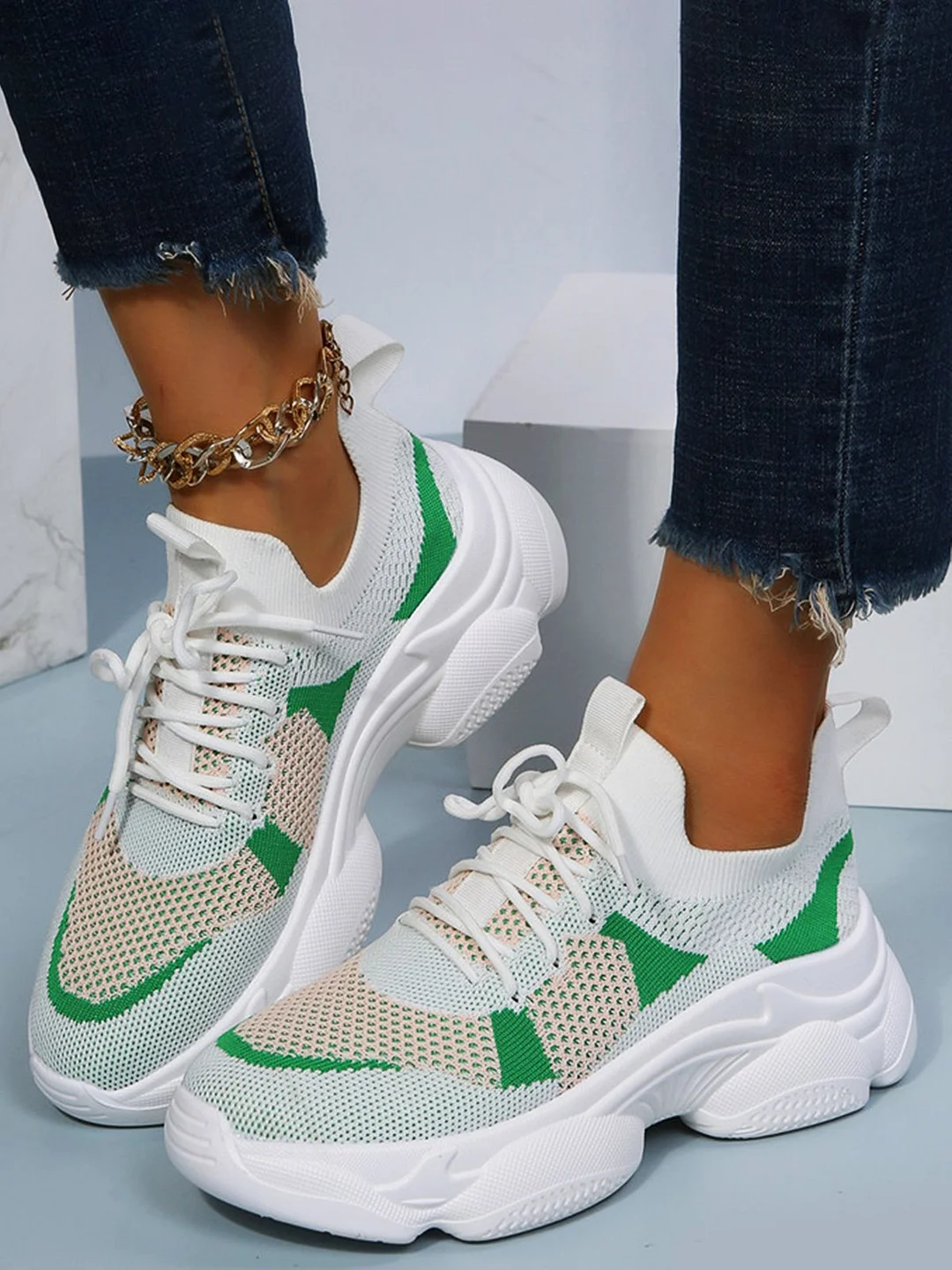 Contrast Flyknit Breathable Mesh Platform Lace-Up Sneakers