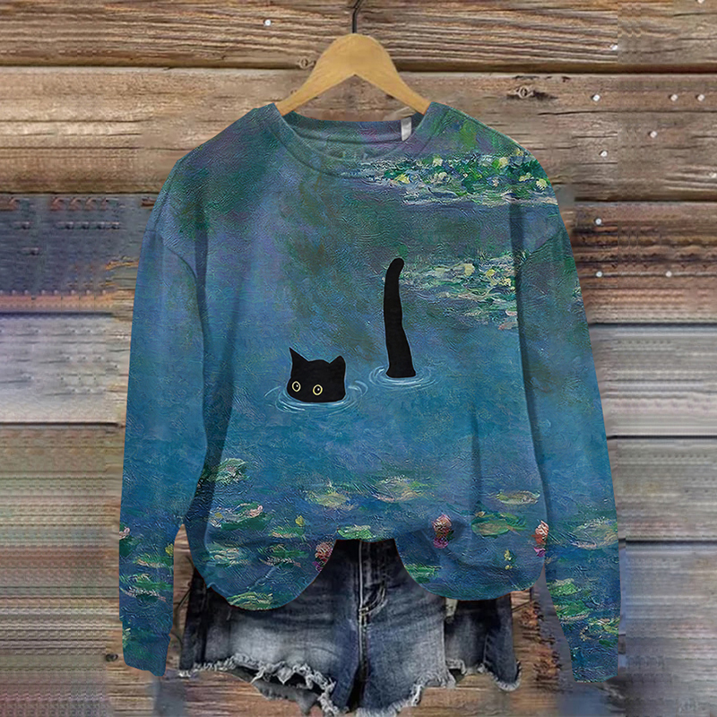 Comstylish Women‘s Cat And Lotus Art Round Neck Casual Sweatshirt