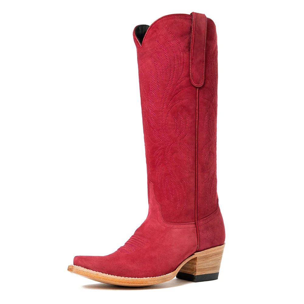 Red Vegan Suede Snip Toe Chunky Heel Stitching Cowgirl Boots
