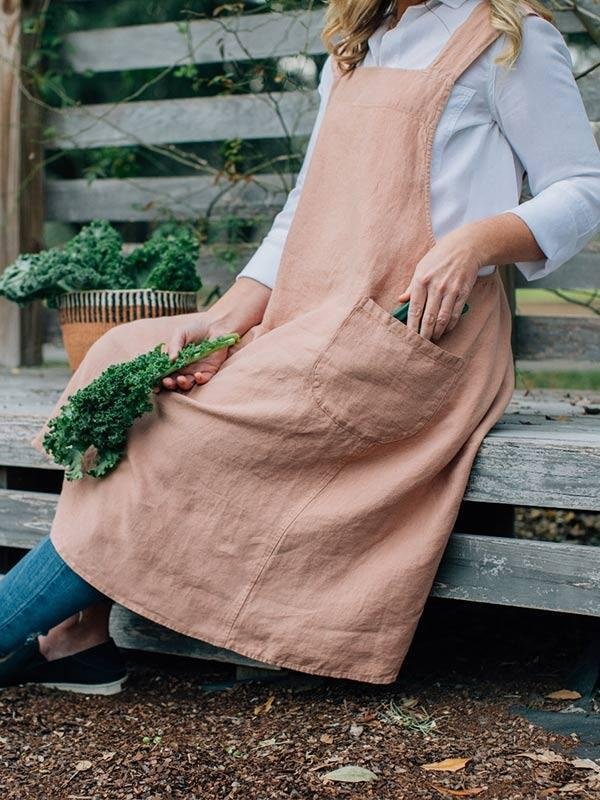 Women's cotton and linen cross pocket apron dress-Mayoulove