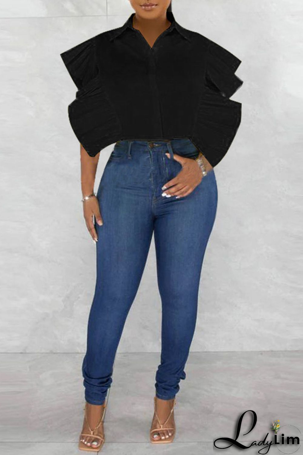 Rose Red Casual Solid Patchwork Buckle Flounce Turndown Collar Tops