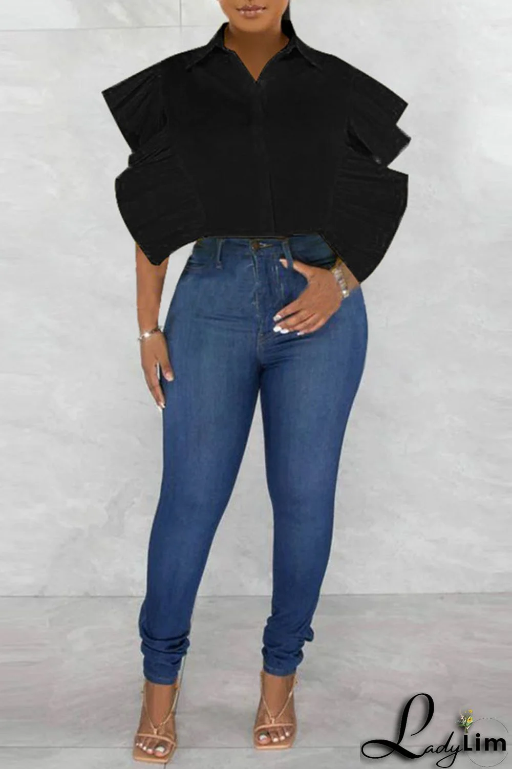 Rose Red Casual Solid Patchwork Buckle Flounce Turndown Collar Tops