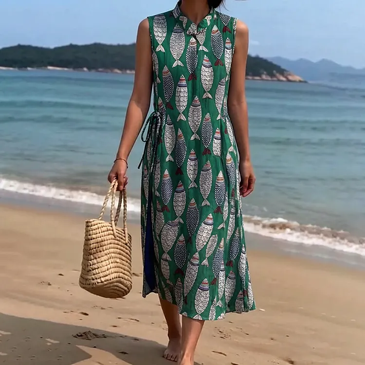 Women's Fish Art Cotton-linen Long Robe Sleeveless Ramie Dress