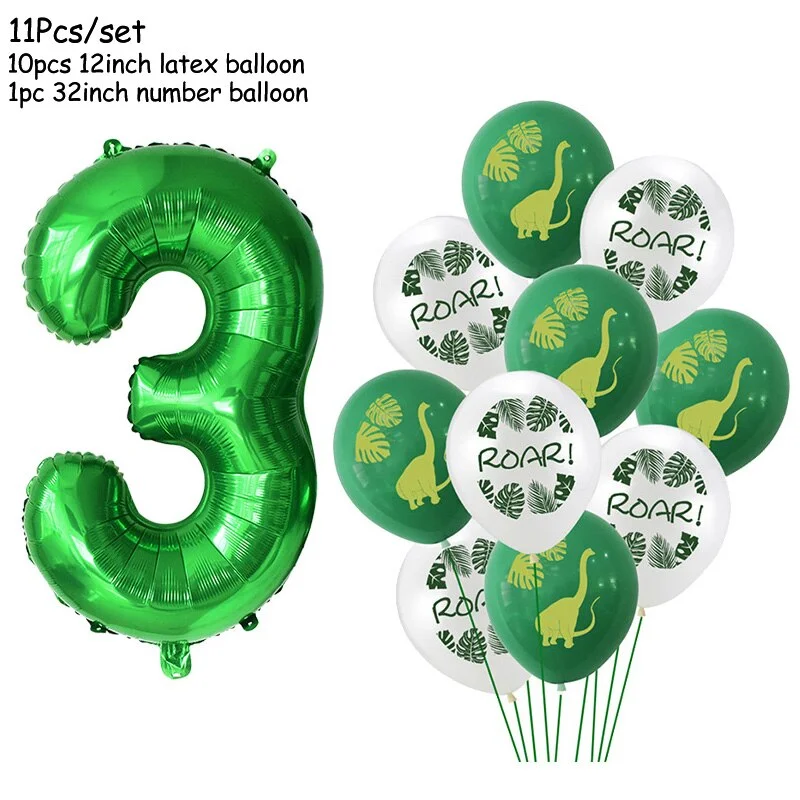 11Pcs Green Foil Number Balloons Dinosaur Latex Balloon Kids Jungle Theme Birthday Safari Forest Party Decorations Baby Shower