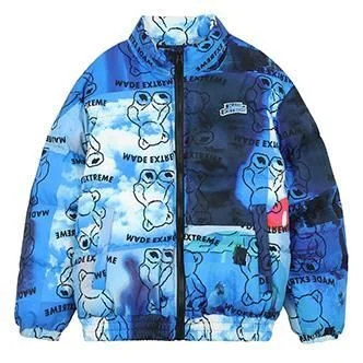 Blue tie dye fashion bear print warm jacket