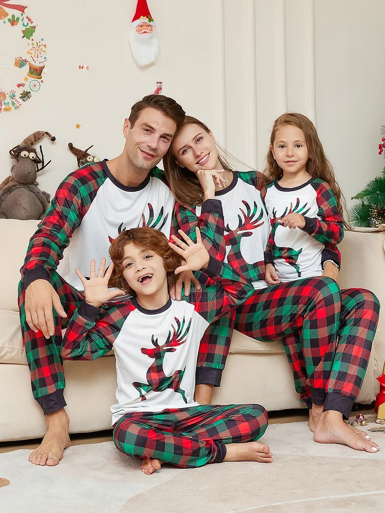 Christmas Cartoon Elk Plaid Long Sleeve Top & Pants Pajama Sets