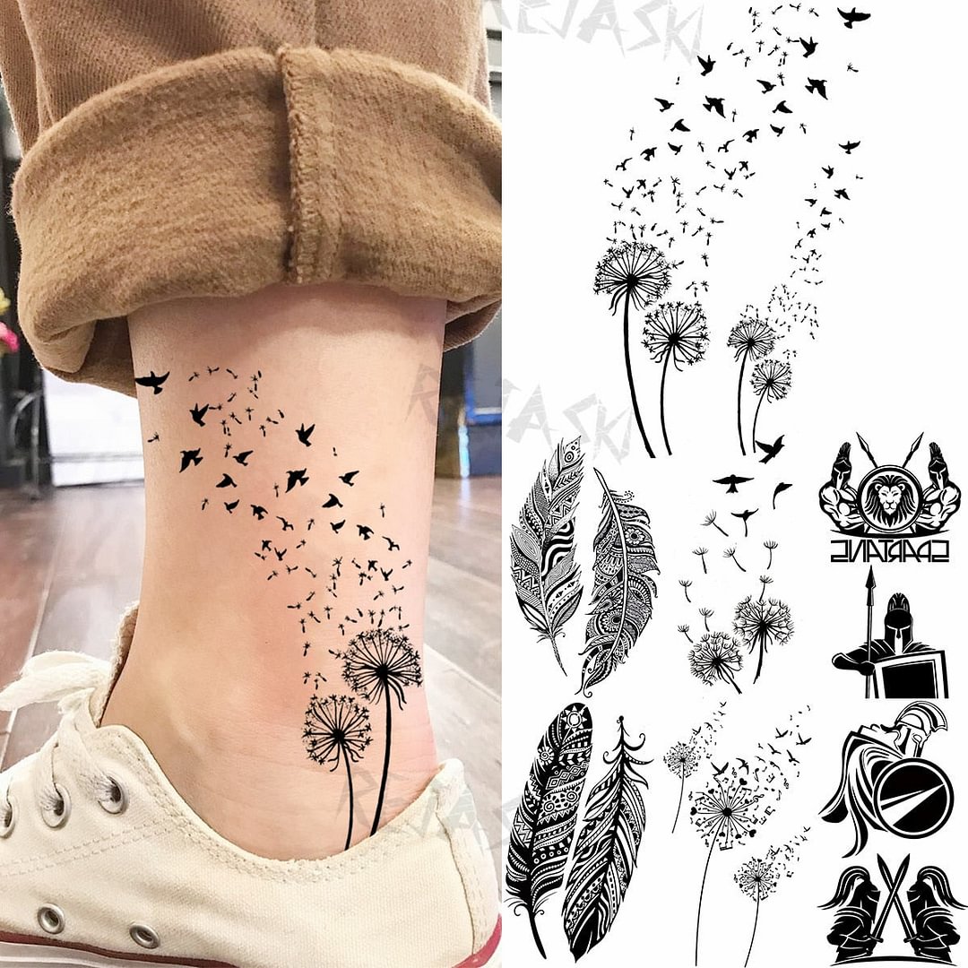 Black Little Dandelion Fashion Feet Temporary Tattoos For Women Adult Feather Spartan Realistic Fake Tattoo Body Art Tatoo Decal