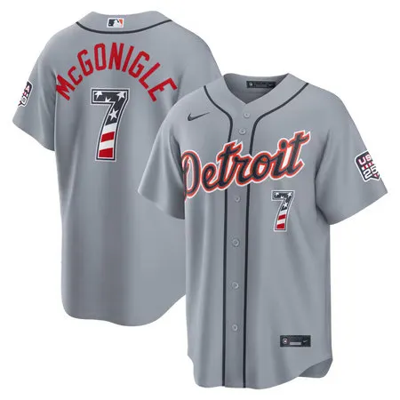 Men's Detroit Tigers #7 Kevin McGonigle Nike Gray USA 250 Fourth of July Road Stadium Jersey