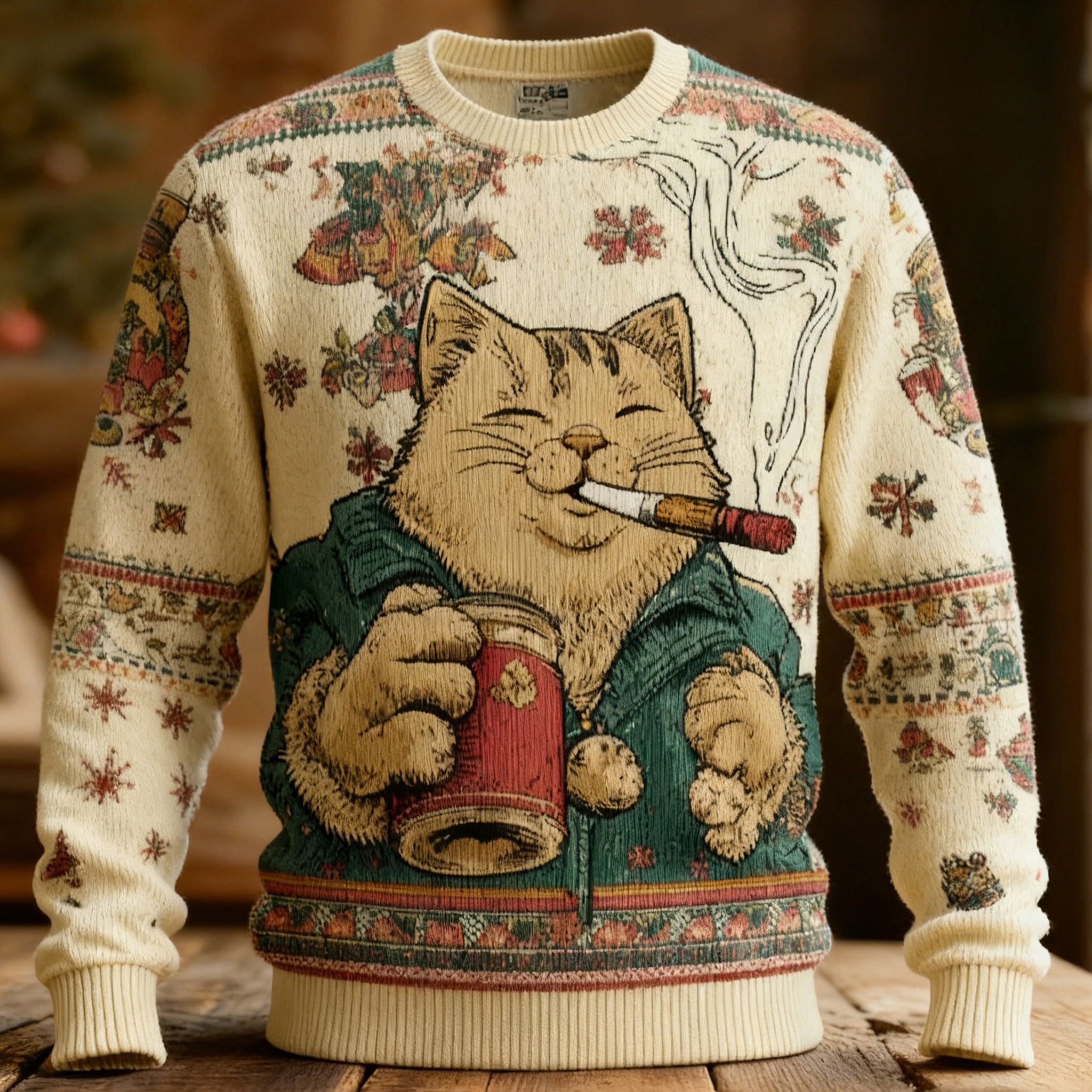 Cute Christmas Quirky Cat Pattern Warm Crew Neck Sweater elevenforest