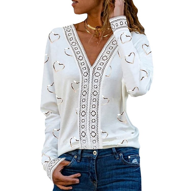 Fashion Lace Stitching Office Lady Elegant Blouses Tops Heart-Shaped Print White Long Sleeve Sexy V Neck Loose Female Pullover - BlackFridayBuys