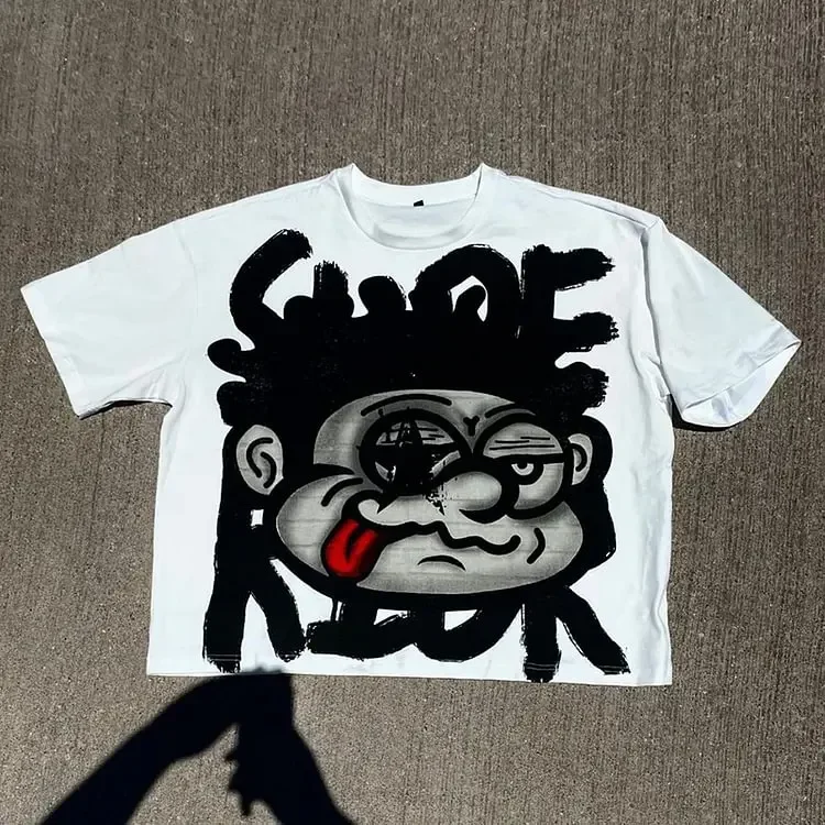Aonga Retro New Large Face Pattern Printed Cotton T-shirt for Men Y2K Summer, Men and Women Short Sleeve Harajuku Oversized Top aonga