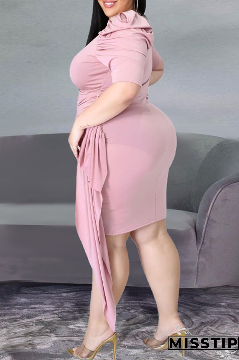 Pink Fashion Casual Plus Size Solid Basic V Neck Short Sleeve Dress