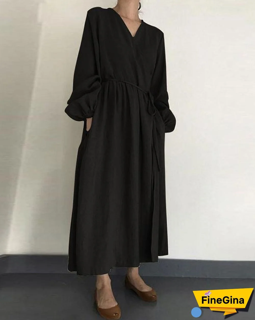 Women Plus Size V Neck Lantern Sleeve Drawstring Cotton Linen Dress