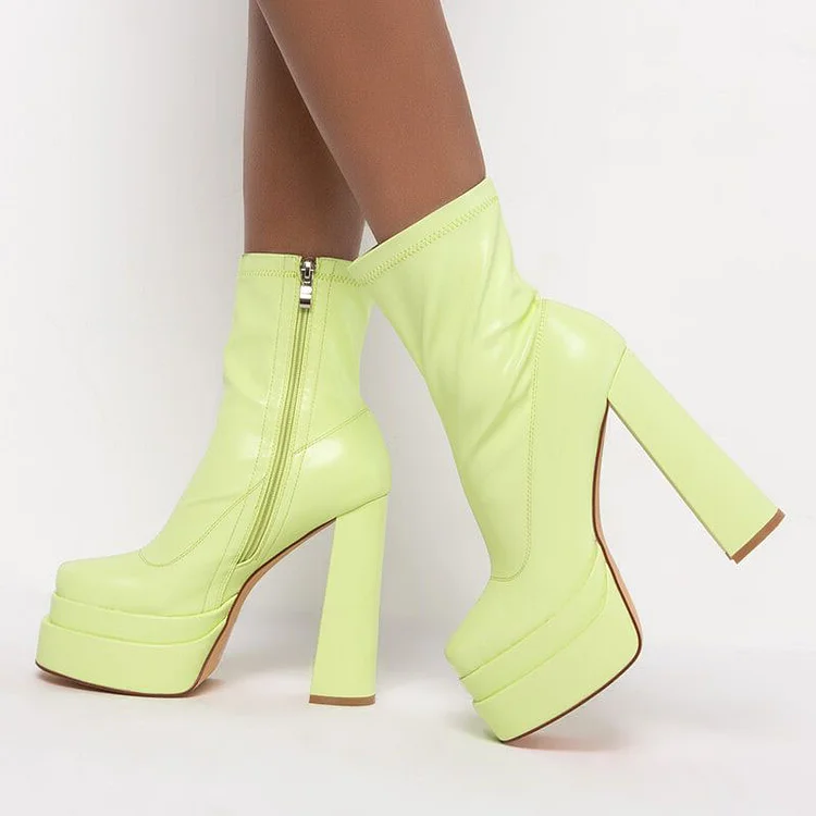 Light Green Platform Chunky Heels Women's Side Zipper Ankle Boots |FSJ Shoes