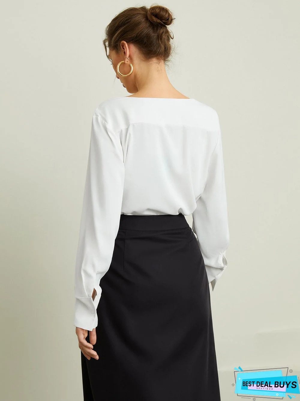 White Daily Long sleeve Plain V Neck Simple Blouse