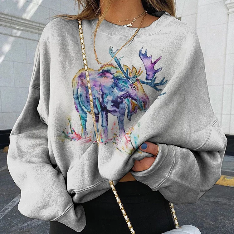 Vefave Watercolor Elk Print Sweatshirt