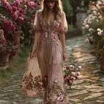 Women's Bohemian Rose Art Thin And Floaty Short Sleeve V-neck Dress - Image 2