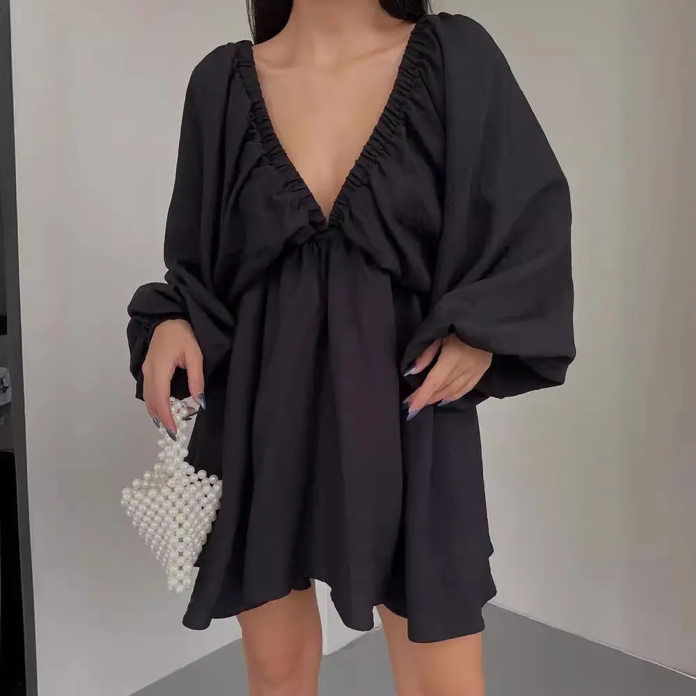 Nigikala Nigikala New V-Necked Long-Sleeved Dress Independent Design Bubble Sleeve Dress