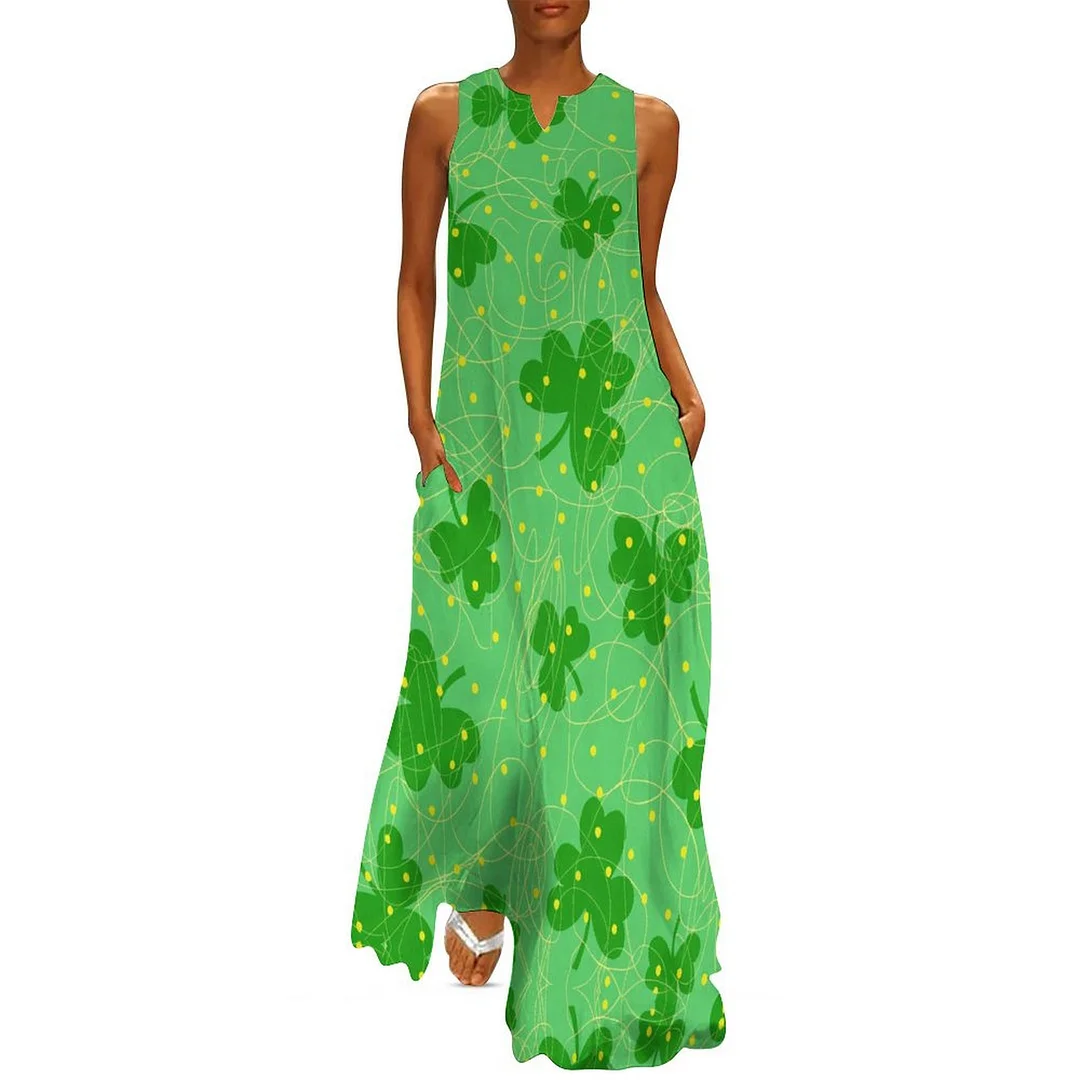 Style & Comfort for Mature Women Plus Size Printed Sleeveless Casual Women Maxi Dress with Pockets in Pattern St. Patrick's Day, Green, Clover, Lucky