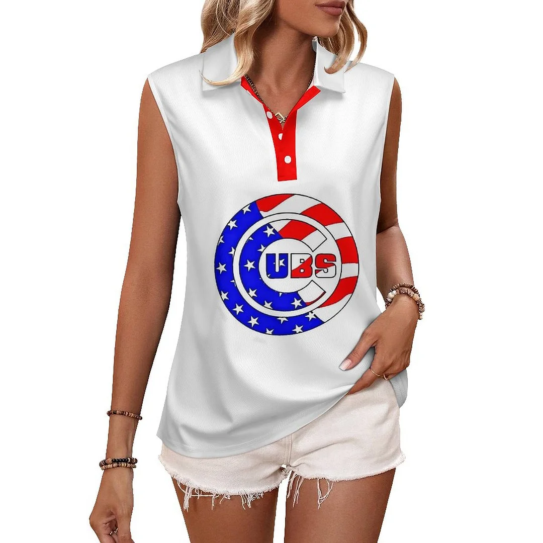 V-neck Sleeveless Casual POLO Shirt Tank Top for Women Printed with Pattern,Blue,Red