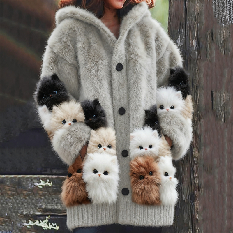 Lovely Fuzzy Kittens Cats Cozy Knit Hooded Cardigan wearshes