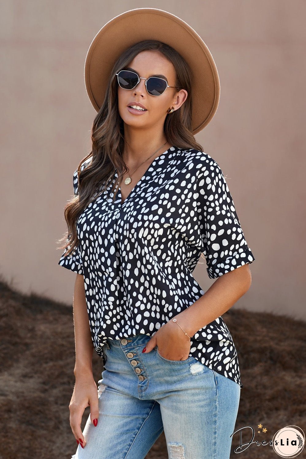 Printed V-Neck Cuffed Tunic Top