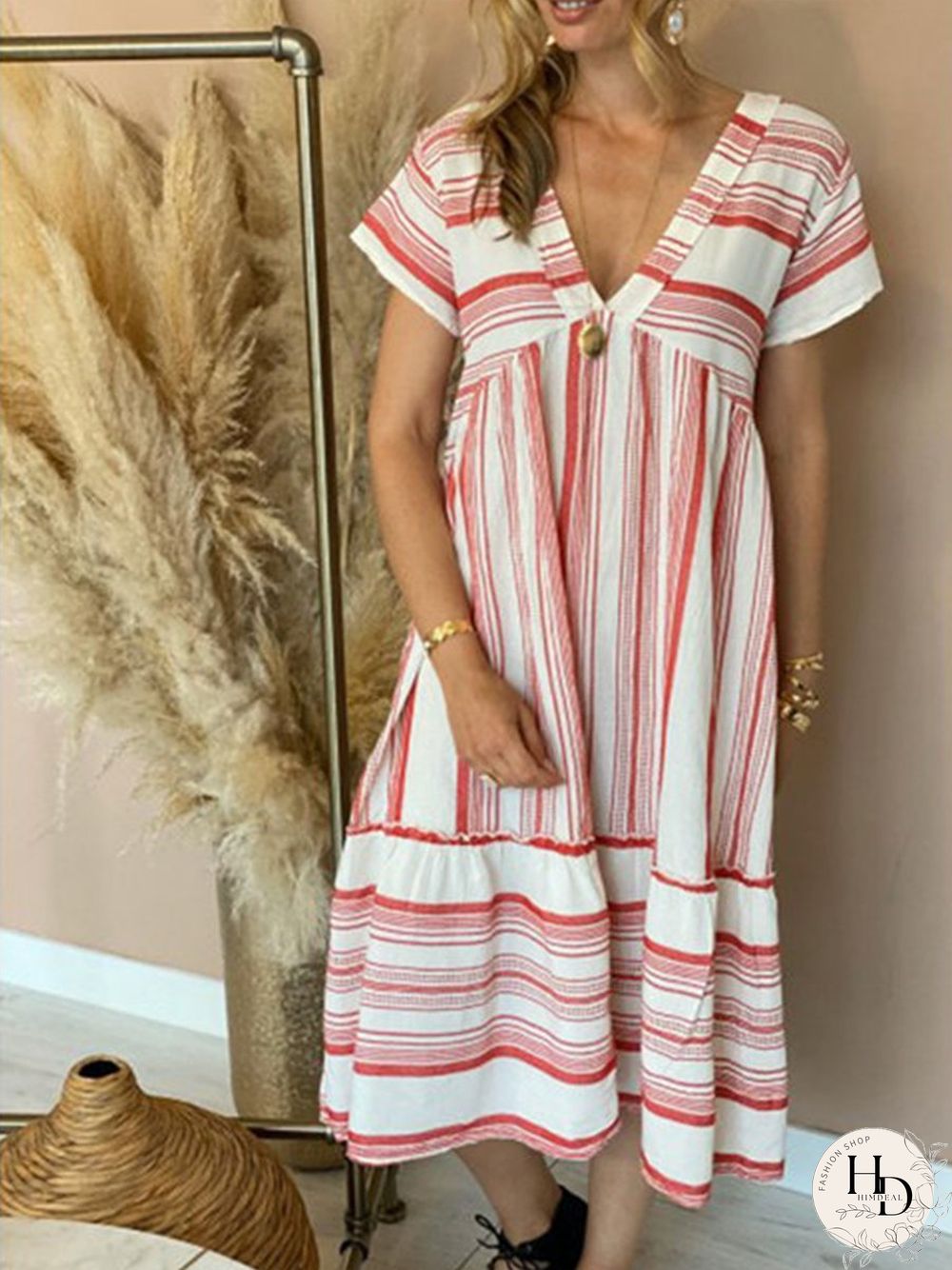 V-neck Striped Short Sleeve Loose Calf-length Dress P16366