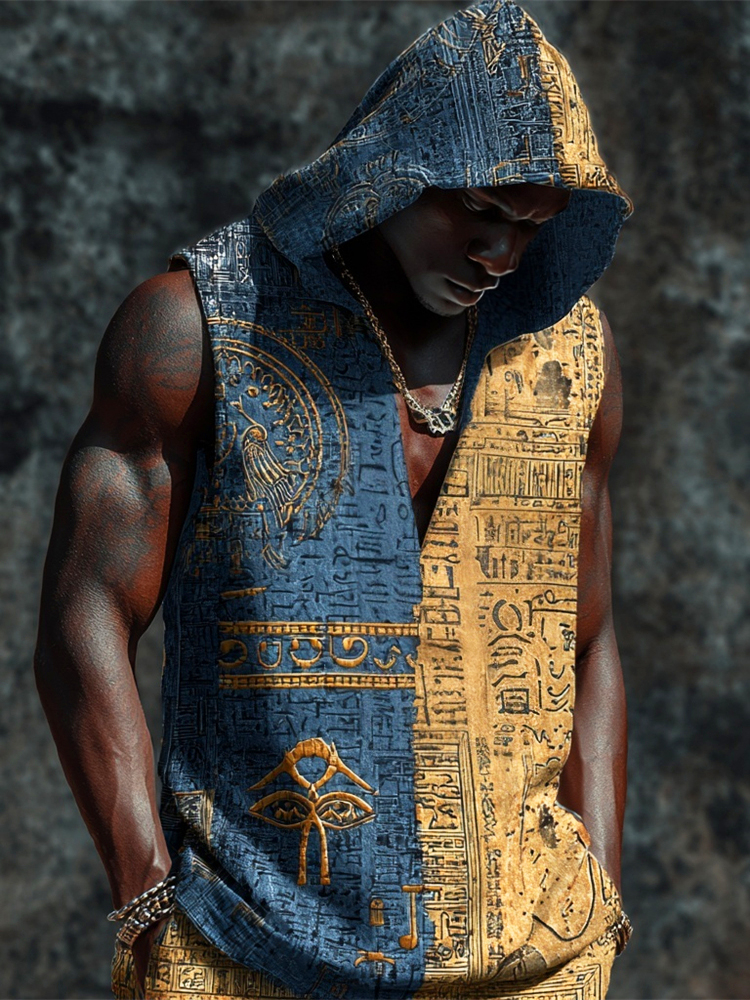 Egyptian Hieroglyphs Pattern Men's Linen Hooded Tank