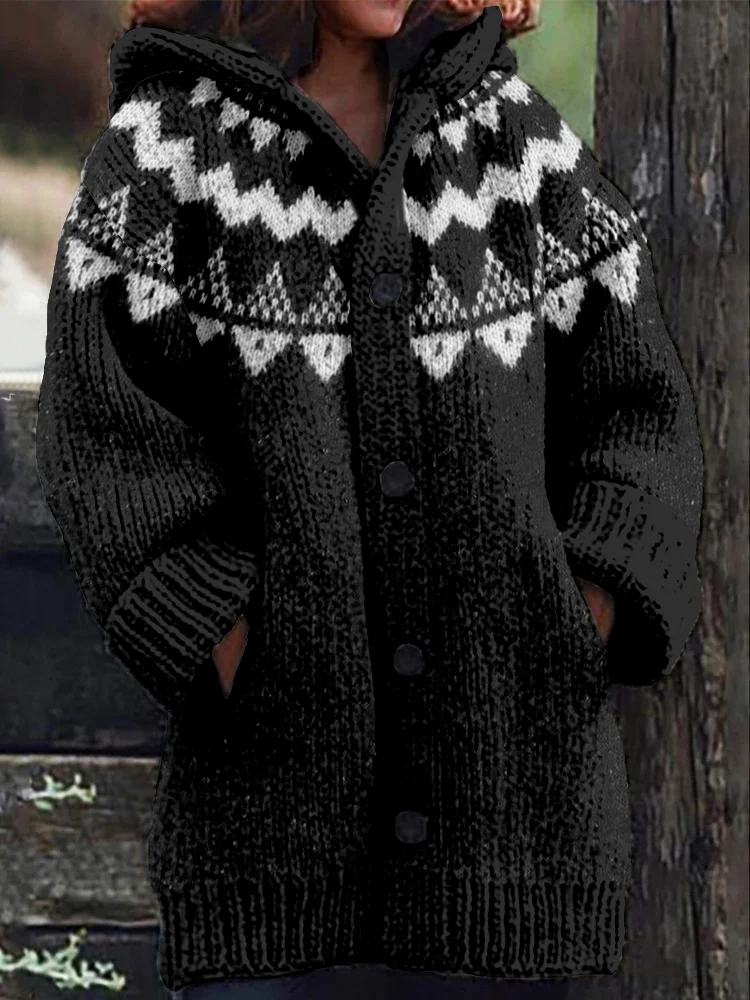 Vintage Icelandic Pattern Cozy Hooded Cardigan