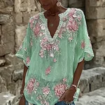Women's Spring Floral Embroidered Art Print Flowy Linen Blend Casual Tops - Image 7
