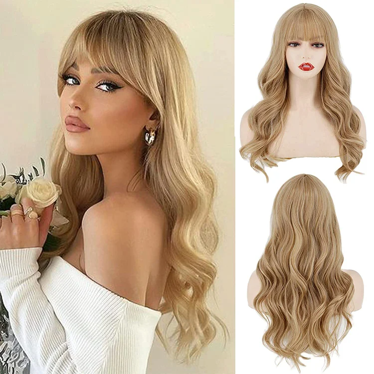 Long Wig with Bangs Blonde Wavy Wig for Women
