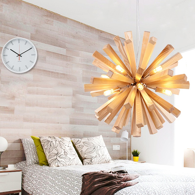 Nordic Wood Chandelier Dandelion-Shaped Pendants Lights For Bedroom