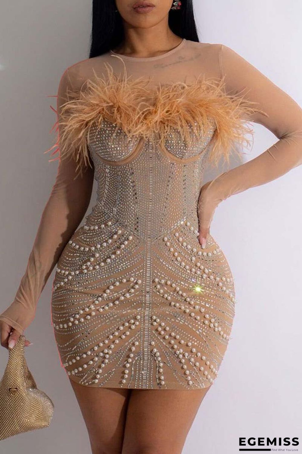 Apricot Sexy Patchwork Hot Drilling See-through Feathers Pearl O Neck Long Sleeve Dresses | EGEMISS