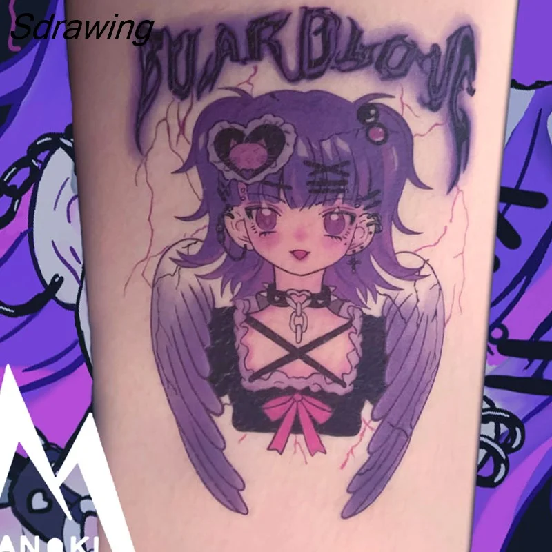 Sdrawing Temporary Tattoo Sticker Anime Cartoon Cute Pink Hair Girl Flower Necklace Fake Tatto Flash Tatoo Art for Women Men