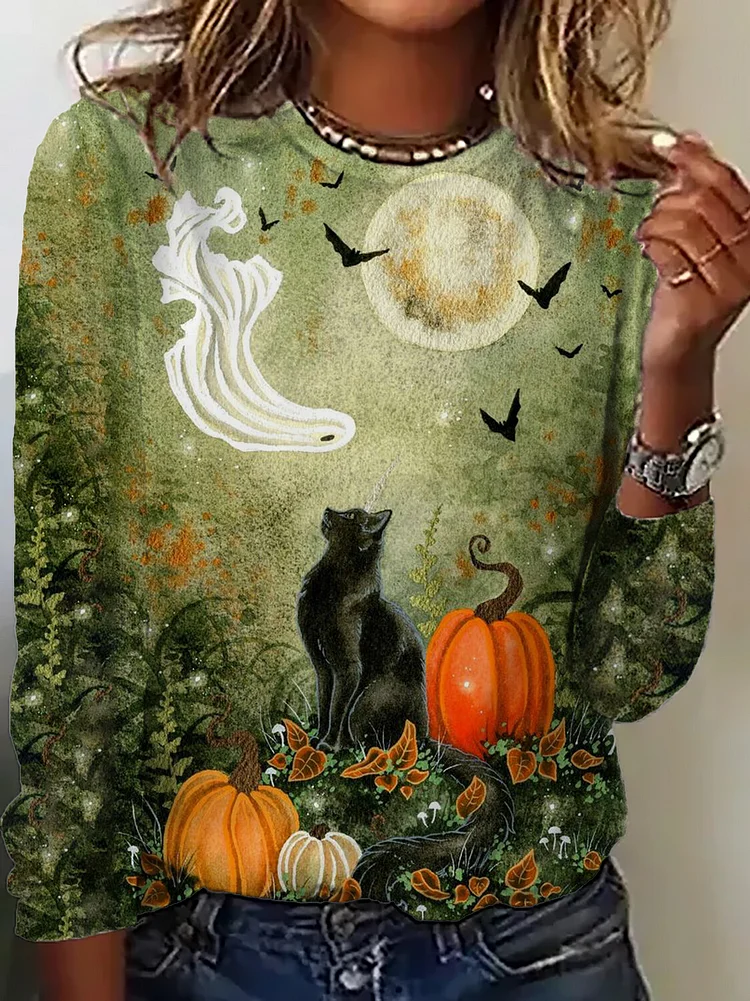 Women's Halloween Black Cat Pumpkin Bat Ghost Print Casual Sweatshirt