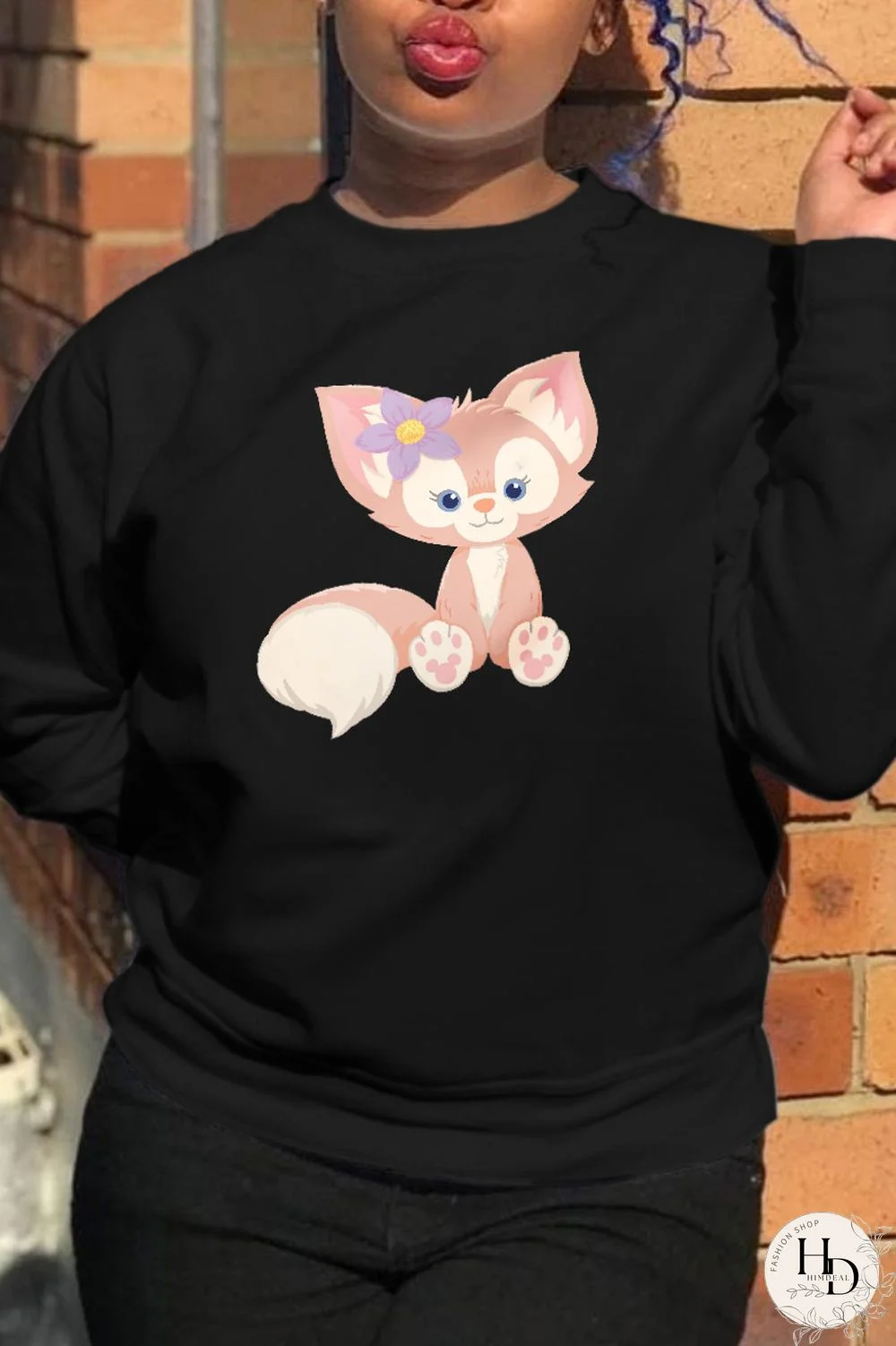 Black Sweet Cute Print Patchwork O Neck Tops