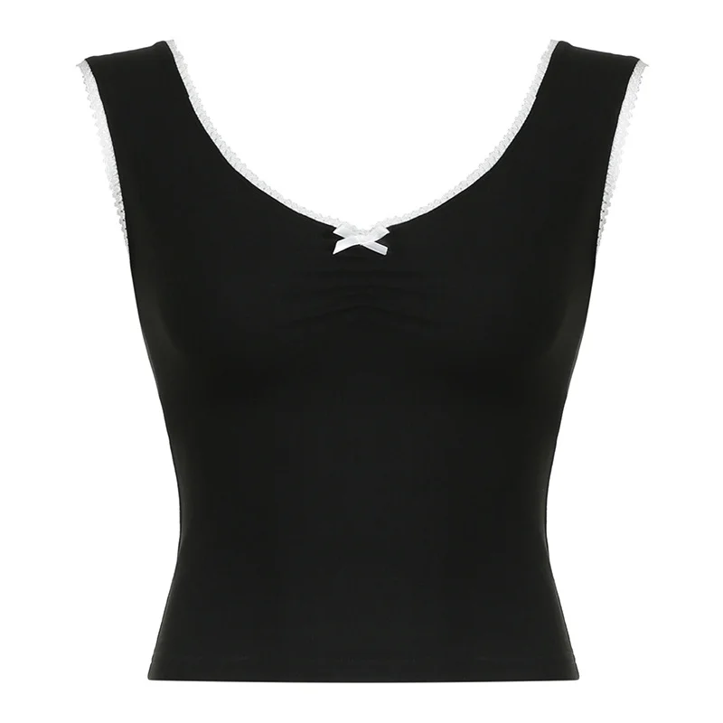 Ueong Trend Sweet And Spicy Style Small Sexy V-Collar Bow Splicing Color Slimming Vest T-Shirt 2024 Spring / Summer New Style