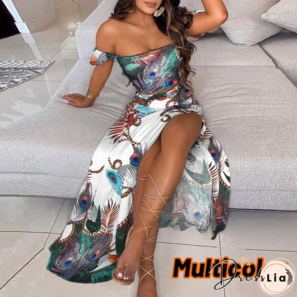 Newest Fashion Summer Women Elegant Two Pieces Sets Cropped Top & Split Skirt Temperament Drop-Shoulder Frilled Top And High Waist Split Dress