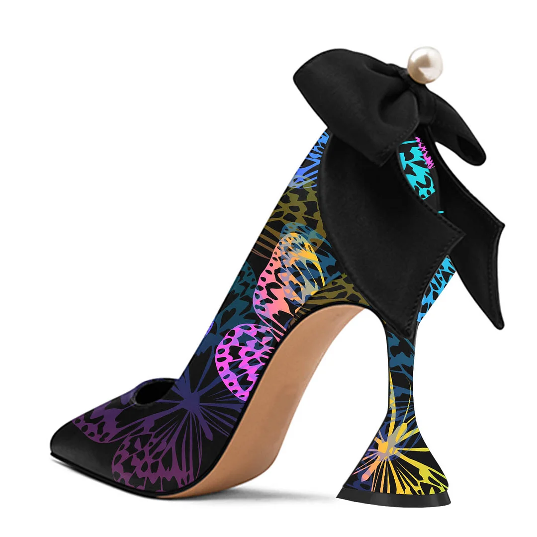 Multicolor Butterfly Pointed Toe Flared Heel Pearl Bow Pumps Shoes