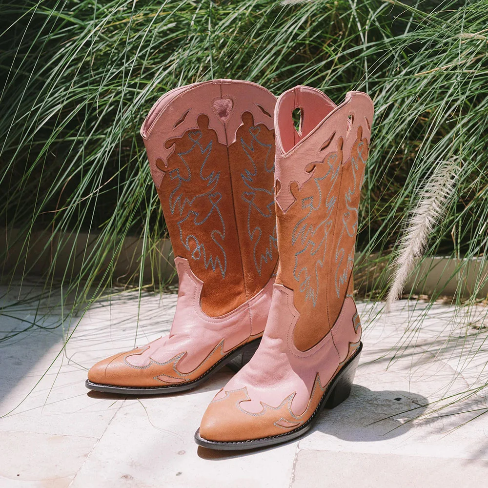 Tan & Pink Closed Toe Chunky Heel Embroidered Cowboy Boots for Women
