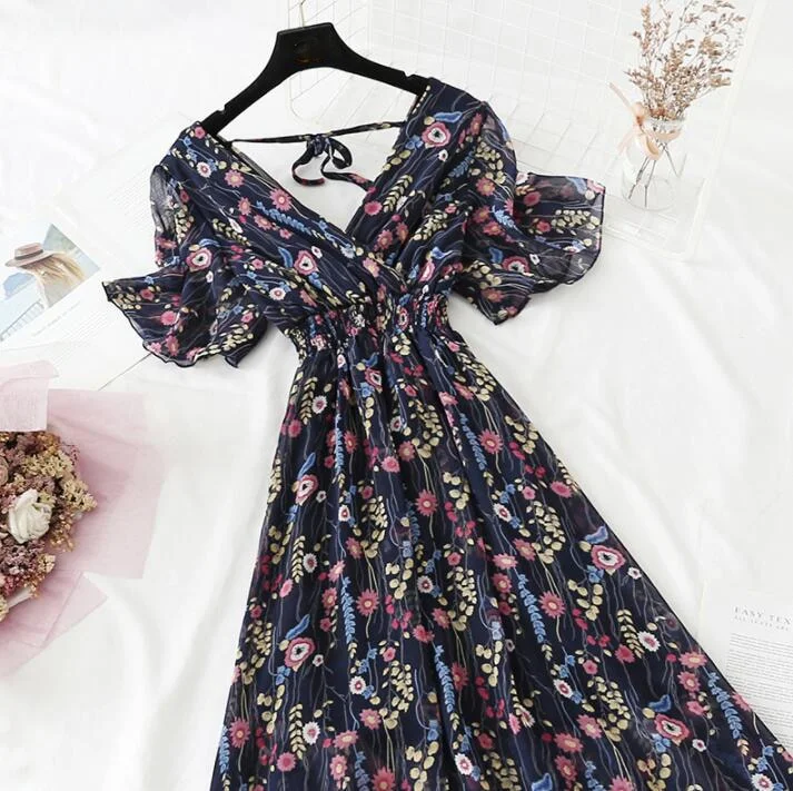 Summer Dress Vintage Floral Ruffles Women Print Short sleeve Chiffon Boho Dresses Mid-calf A-line Backless Sexy Dress Vestidos