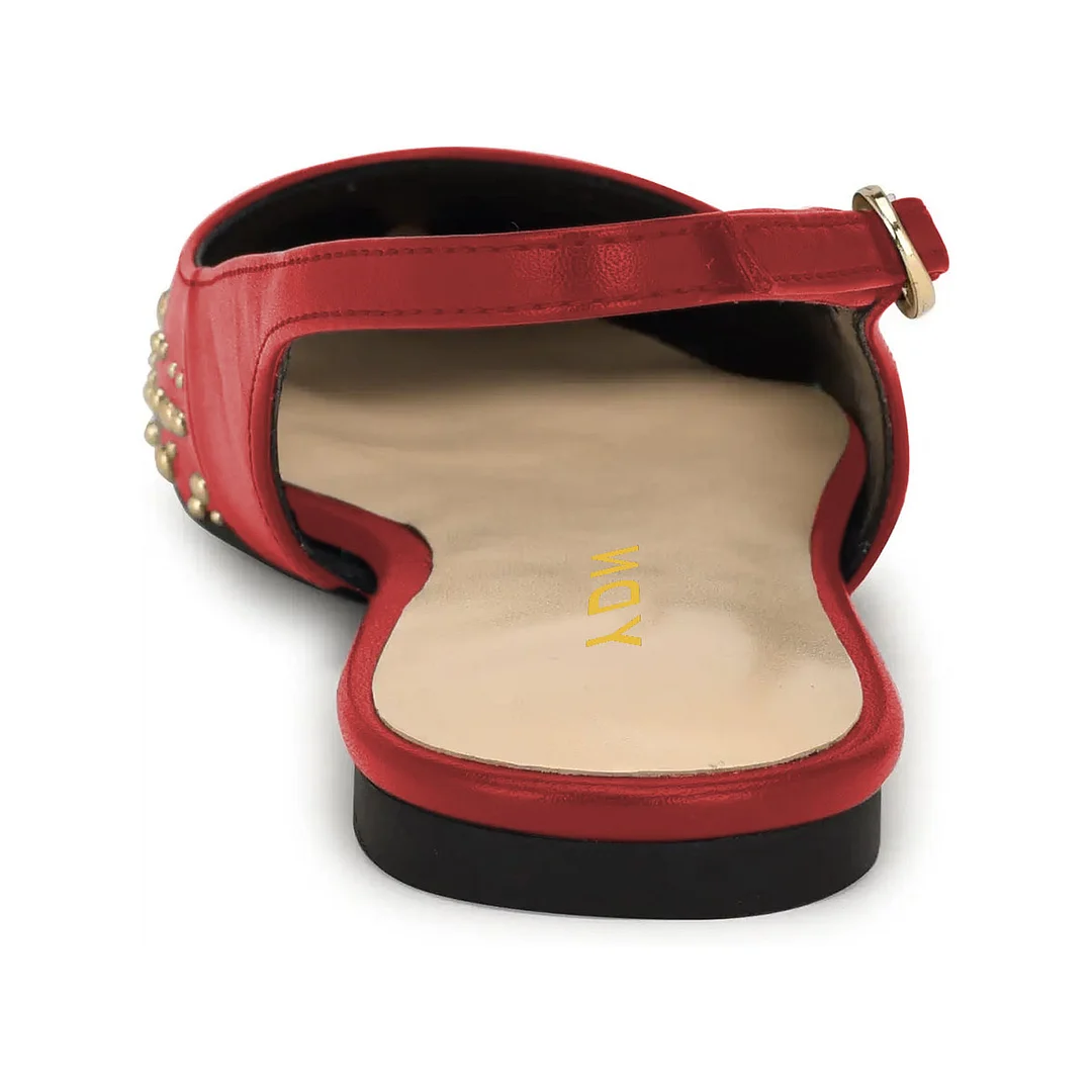 Chic Red Slingback Buckle Strap Pointed Toe Flats with Gold Studs