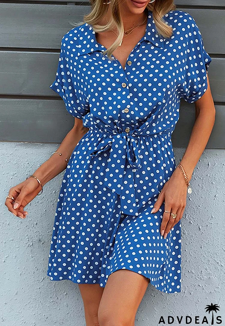 Anna-Kaci Womens Casual Dress Short Sleeves Button Up Polka Dot Printed Tie Waist Mini Dresses