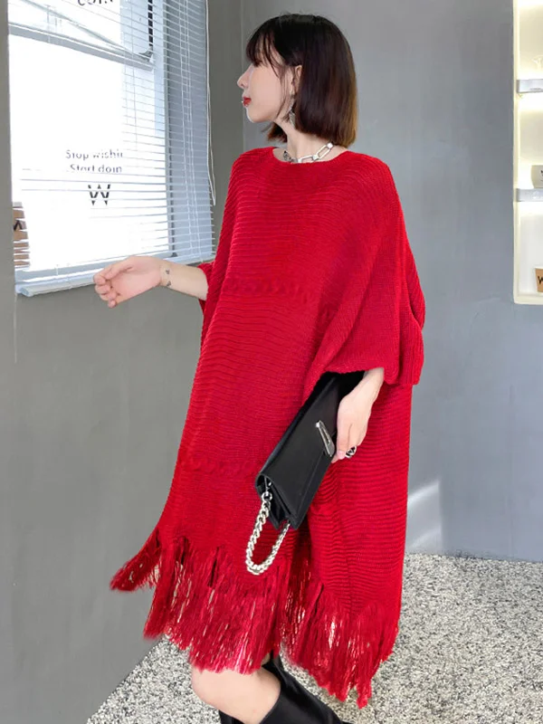 Vintage Batwing Sleeves Tasseled Knitting Cape Sweater