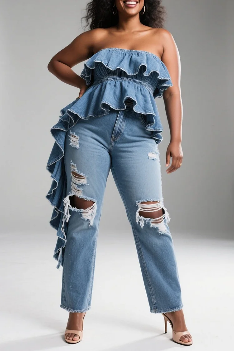 Xpluswear Design Plus Size Party Blue Ruffle Casual Distressed Denim Two Piece Pant Sets [Pre-Order]