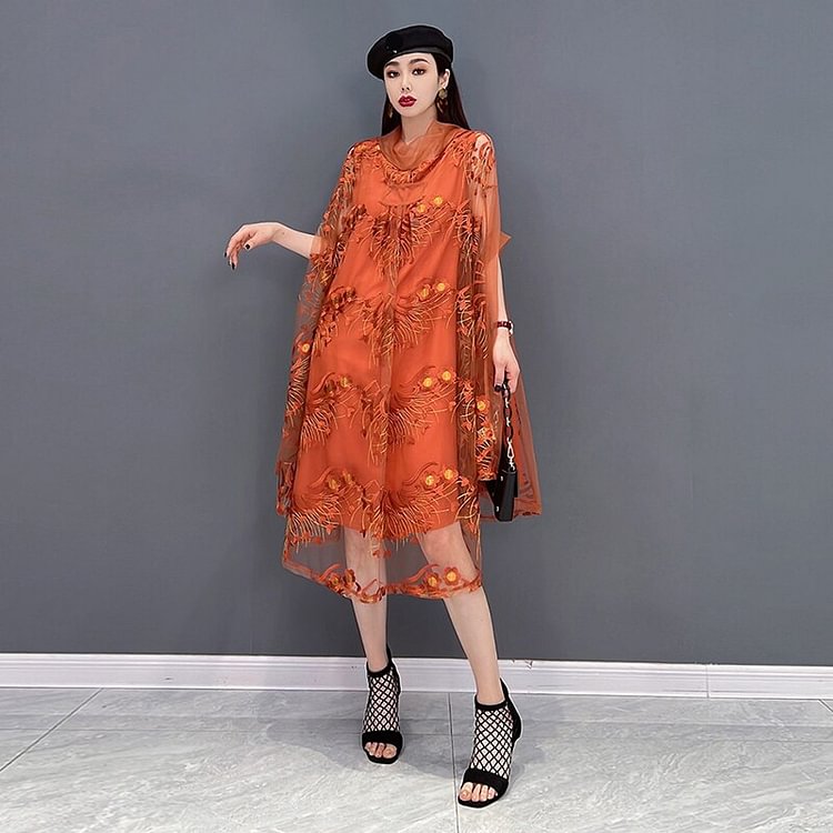 Solid Color Turtle Neck Embroidery Mesh Patchwork Batwing Sleeve Dress      